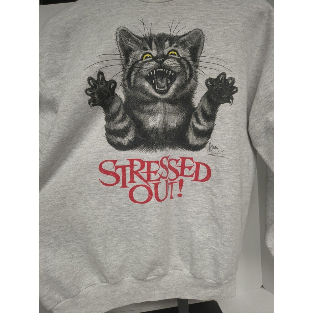 Vintage Late 90s Stressed Out Cat Sweatshirt Crewneck Size Large Kitten Cat Fall